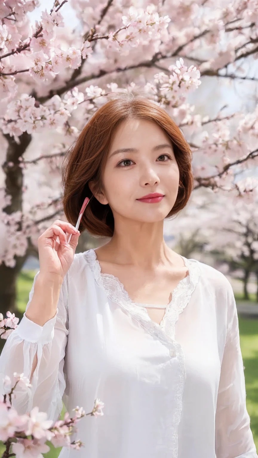 ((highest quality)), ((8K)), ((masterpiece: 1.3)), (perfect appearance), (photorealism: 1.6), (RN), (Mature woman looking up at the cherry blossom tree), perfect anatomy, ((Age 65)), (I'm looking up at the cherry blossoms blooming on the trees), ((white blouse)), ((lipstick, eyeshadow, eyeliner)), ((gentle smile)), (Upper body of a mature woman), (River edge lined with cherry blossom trees),