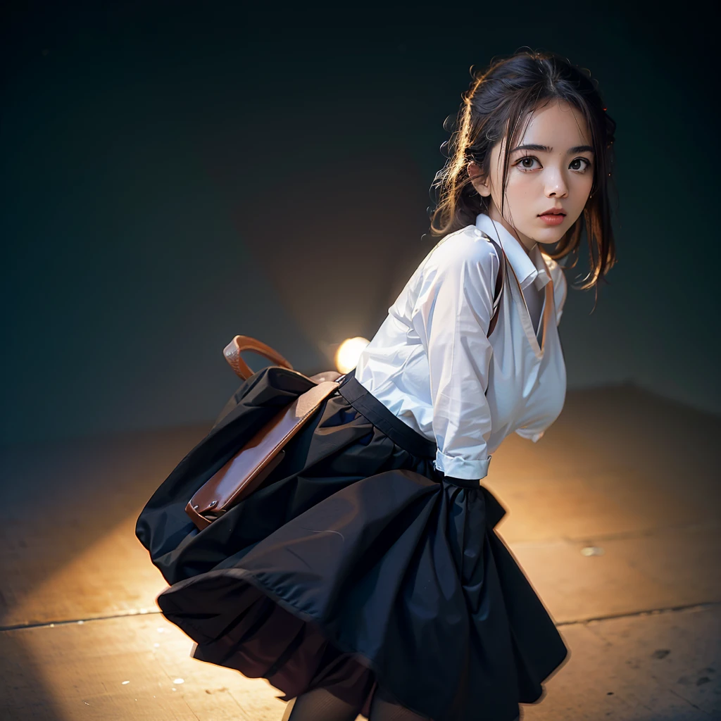 1 girl, Detailed skin, Detailed Hair, Detailed clothing, (masterpiece), portfolio, In the back alley, (Put your arms behind your back:1.3),,Cinema Lighting,, Shining Eyes, beautiful,  Are standing, Hold the skirt from flipping up, ,(cute)