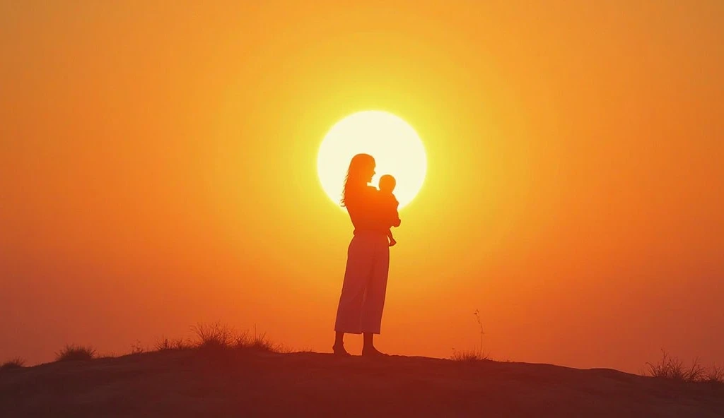 Girl watching sunset on helipad,blue dress, with baby
