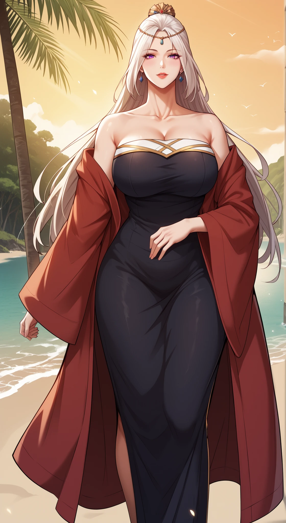 ((masterpiece)), Highest quality, Very detailed, master piece, best quality, score_9, score_8_up, score_7_up, source_anime, beach, coconut trees,Yuhongyan, purple eyes,long hair, white hair,hair ornament,black dress, red robe, wide sleeves, standing, milf, mature female, looking at viewer, nsfw, Score_9, Score_8_up, Score_7_up, Score_6_up, Score_5_up, Score_4_up, Source_anime, Tag1, Tag2, Best quality, High quality, Detailed, High resolution, 8k, Ultra high res, Soft saturation, Professional quality, Perfect contrast, Perfect lighting, Anatomically correct, Huge breasted, Wide hips, Gargantuan butt, Sensual woman, mature female, milf, motherly, seductive BREAK Face focus, standing, (, fantasy magic world. wuxia world building in background)