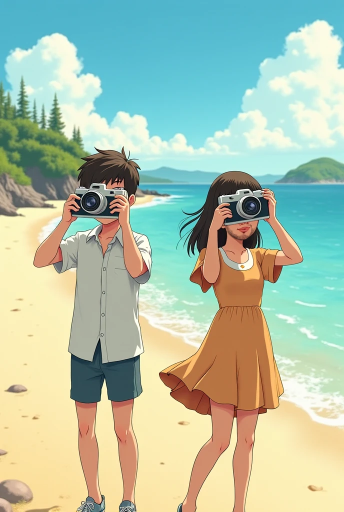 Black shadow of a man taking a picture of a woman in cartoon style, the man is on the ground on a beach in Vice City GTA, White sky