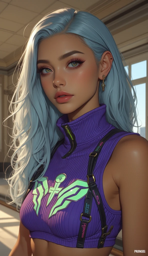 melancholy lighting, quiet, calm, brightness, masterpiece, best quality, 1girl, (JinxLol:1.2), (ultra photorealistic:1.3), (masterpiece:1.4), best quality, ((realistic)), high quality, ultra detailed, ((real image)), ((realistic skin)), ((realistic face)),(illustration:1.05), (beautiful:1.05), (beautiful detailed eyes:1.05), (cinematic light:1.1), purple and pink in the detacks, perfect whole body, slender silhouette, thin, small breasts, thick thighs, black and blue clothing, White Tennis