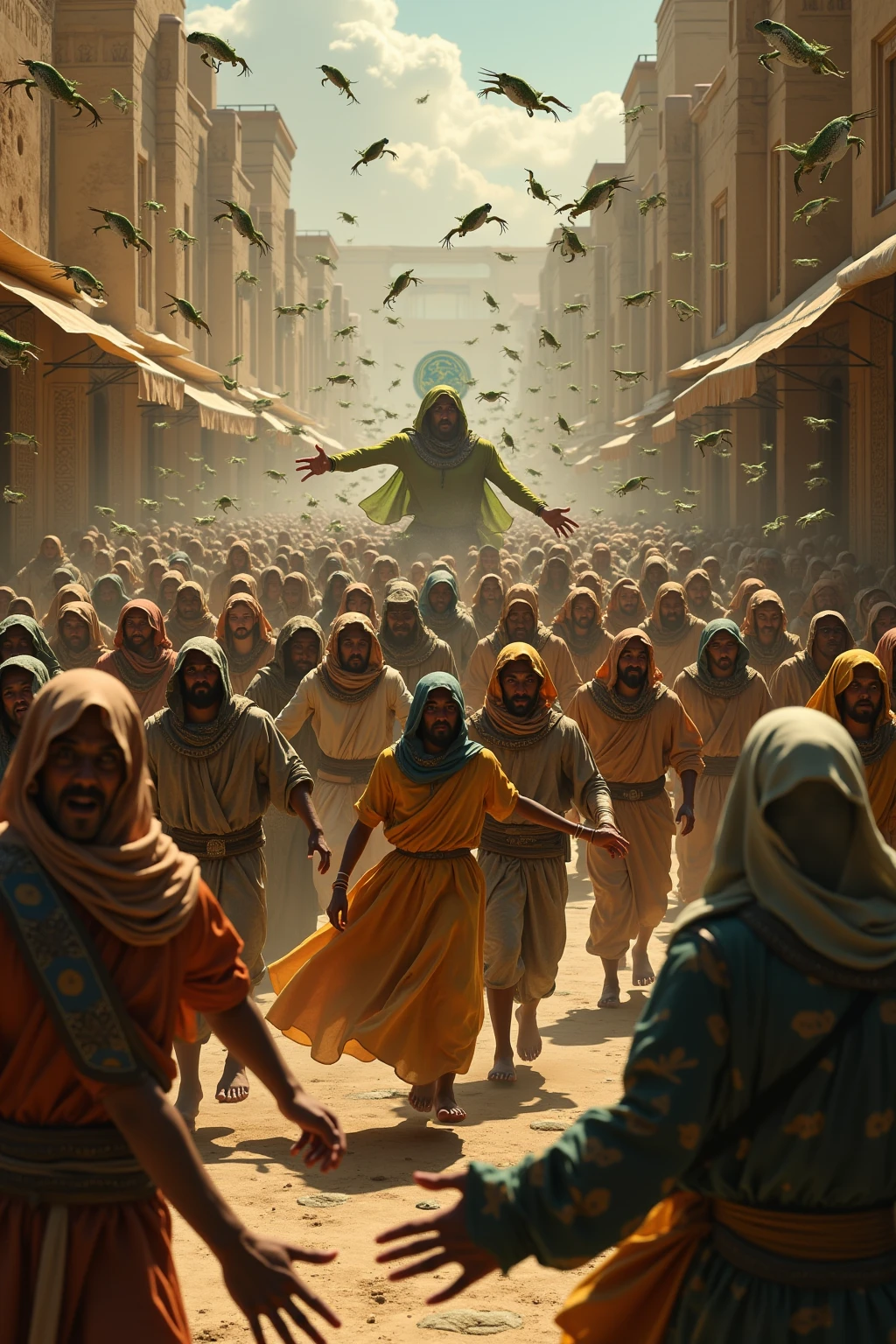 Egyptian people running away scared from many frogs 4k
