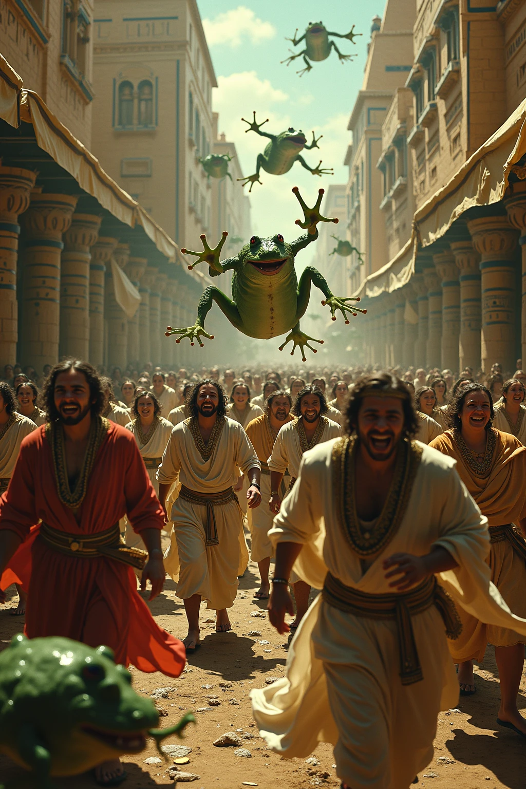 Egyptian people running away from frogs 4k