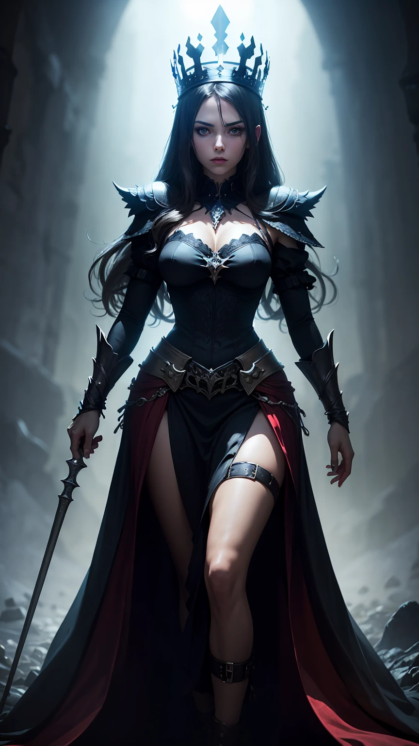 8K,super beautiful monster,blue skin,Eyes,very big eyes,fancy makeup,big breasts,long sharp red nails,gorgeous black sexy long dress,luxurious black tight skirt,golden decoration,Black Gauntlet,black garter belt,Black Mesh Stockings,Bright red high heels,A look of rage,emits pale energy,Throw the whip of thorns,masterpiece,Photorealistic RAW photos of the highest quality。bright colors,rich colors, Backlight, cinematic lighting, film grain, to be born, 50mm lens, Nikon D850,detailed character art,fantasy art,ultra high resolution,super realistic skin,perfect hand shape,In front of the ruins,bold pose,fighting pose,