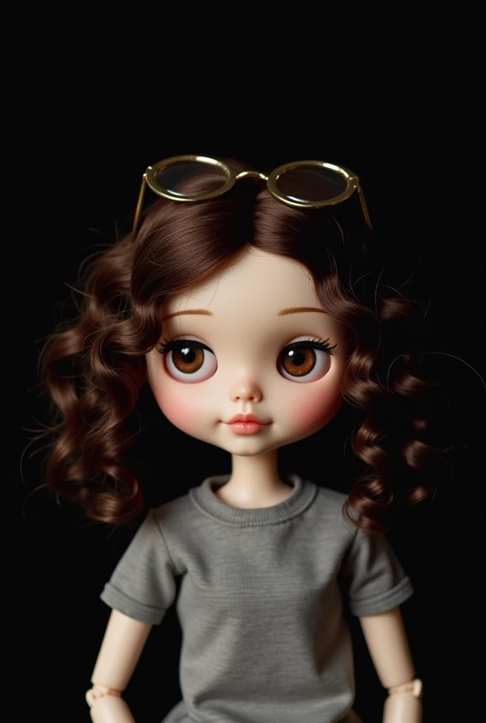 white skin DOLL, brown wavy hair, eyes not so big, with glasses , cheek and a dimple