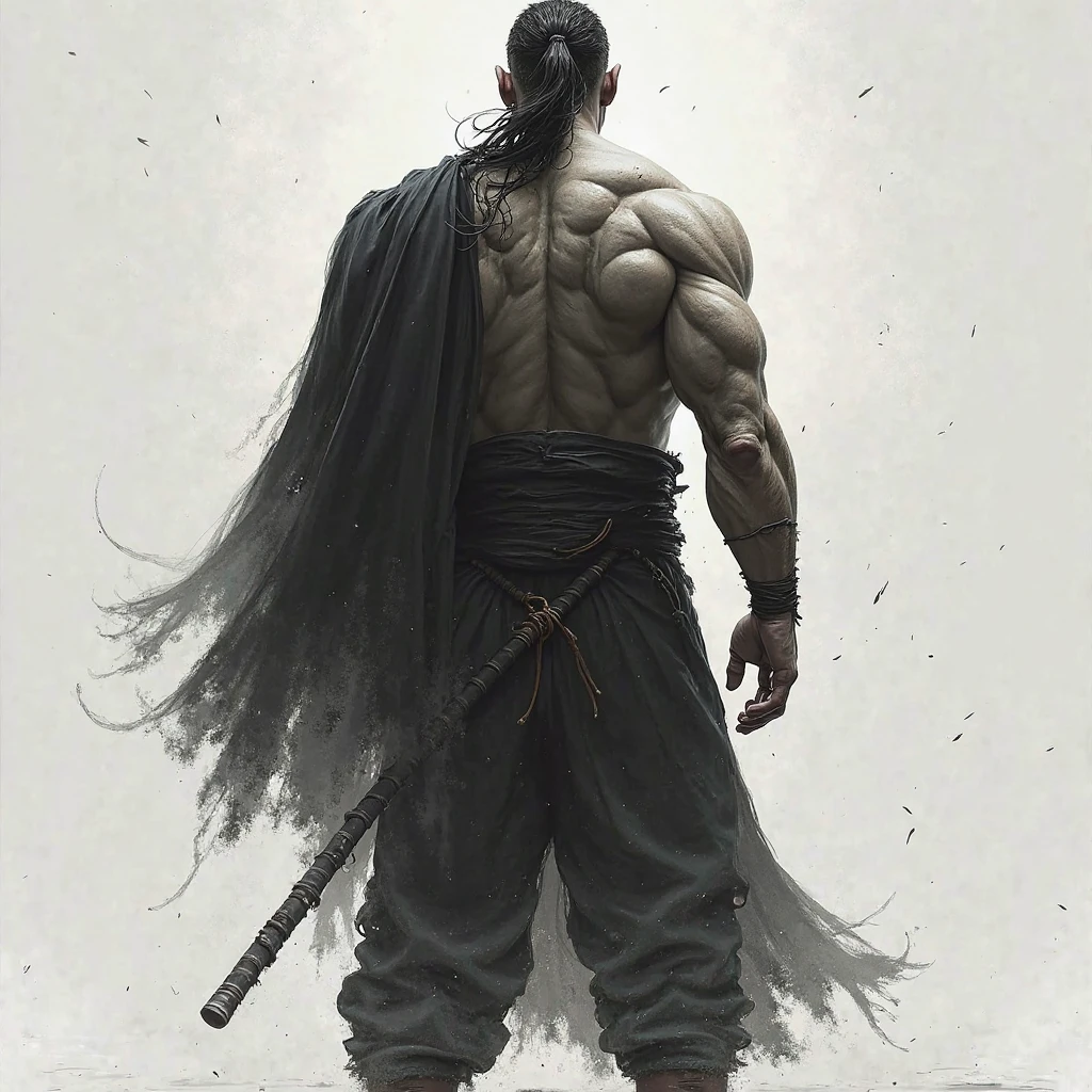 A tall man, His face was gloomy, covered in a long, dirty beard that looked like it hadn't been cut in months.. His long, dark hair was just as battered as his beard.. His clothes were dirty and looked old., like his gloves, and he was barefoot, but his body was strong and thin