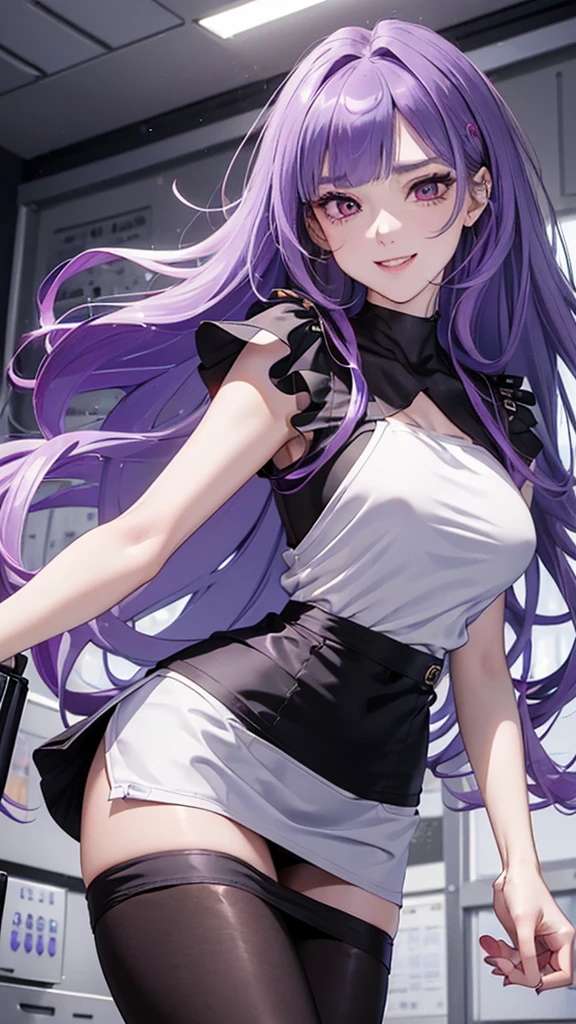 masterpiece, ultra-detailed hair, better lights, better shadows, shogun raiden,1girl, raiden shogun, breasts, skirt, purple hair, solo, long hair, large breasts, purple eyes, braid, ass, looking at viewer, braided ponytail, hair ornament, sleeveless, hair flower, black skirt, shirt, indoors, flower, looking back, bangs, bare shoulders, pencil skirt, from behind, window, thighs, mole under eye, sleeveless shirt, mole, white shirt, blush, bare arms, office lady, very long hair, plant, contemporary, parted lips, miniskirt, single braid, closed mouth, purple flower, pantylines, standing, alternate costume, ribbed shirt,