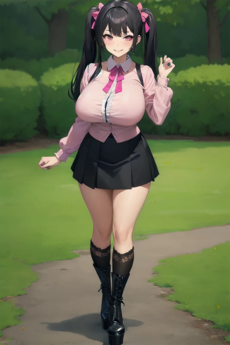 Big, sagging breasts, she is an adult woman ((beautiful 25 year old woman)), (shiny curly black hair, cute hair ornament), double eyelids, lilac eyes, clear and detailed, hyper detailed, light effect on eyes, detailed irises, sensual body, ((cool short blouse with floral print, funky, striped socks, bold sexy, beautiful and cool, plaid color pleated skirt)), neckline, ((masterpiece, hyper realistic, hyper detailed, best quality, 16k, light and shadow on the skin, vivid colors), eyeliner, thin eyebrows, sensual expression, perfect lips, innocent and sexy face, ((skin with light and shadow), beautifully seductive and embarrassed woman, passionate expression, smile malicious ((she is a beautiful woman)), flirting with the viewer, beautiful, charming, in the Square, sitting with her back against the tree (((variable sensual poses half sideways)))