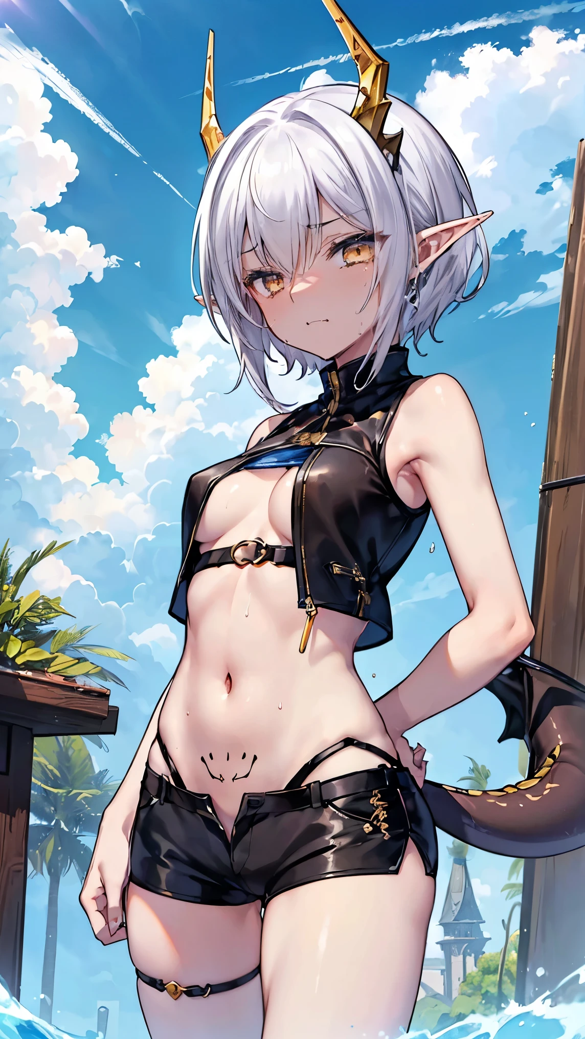 a ((boy,veryshorthair,)) Clear expression ,pixiv contest winner, fantasy art, wlop glossy skin, high quality detailed anime, perfect expression, small curvy , astri lohne, biomechanical , masayoshi suto  beautiful alluring anime teen,((flat chest,bulge,cowboy shot)) ,dungeon,hannahowo,highres, ultra detailed ,cowboy shot, short hair, armor, ((dragon boy, soles of feet)),elf, Vivid metallic color, spear