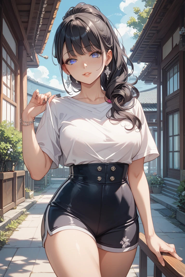 25 years old women, long black wavy hair、bangss、tight white turtleneck sweater, Puffy nipple、Tight jeans pants, jaket、Medium milk, cute smile face、(Butt sticking out pose)、(turned around)、sexy hips、Red high heels、Parks with lakes、sexy pose、Sexy lace panties、Big necklace、earrings、Photos showing the whole body