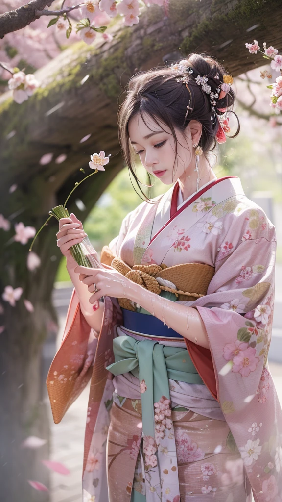 (32K, best quality, masterpiece, photorealistic, ultra high definition), ((Cherry Blossom Petals, Big Cherry Blossom Tree)), blur background, highly detailed skin and face textures:1.3, perfect and dynamic composition:1.3, (Night at a shrine in the Edo period, Expression of transience:1.4, crying, broken heart:1.0), slim woman, perfect style, beautiful and aesthetic, natural makeup, fine eyebrows, white skin, (I'm wearing a professional, bright hakama, Holding a bouquet of cherry blossoms), (Extremely beautiful face:0.8, Beautiful erotic eyes:0.8, Overly sensual:1.0, enchanting:0.8), fantastic beauty, medium chest, chest gap, earrings, wedding ring, wet body, wet hair, after the rain, Water droplets on skin, Solemn, Spectacular
