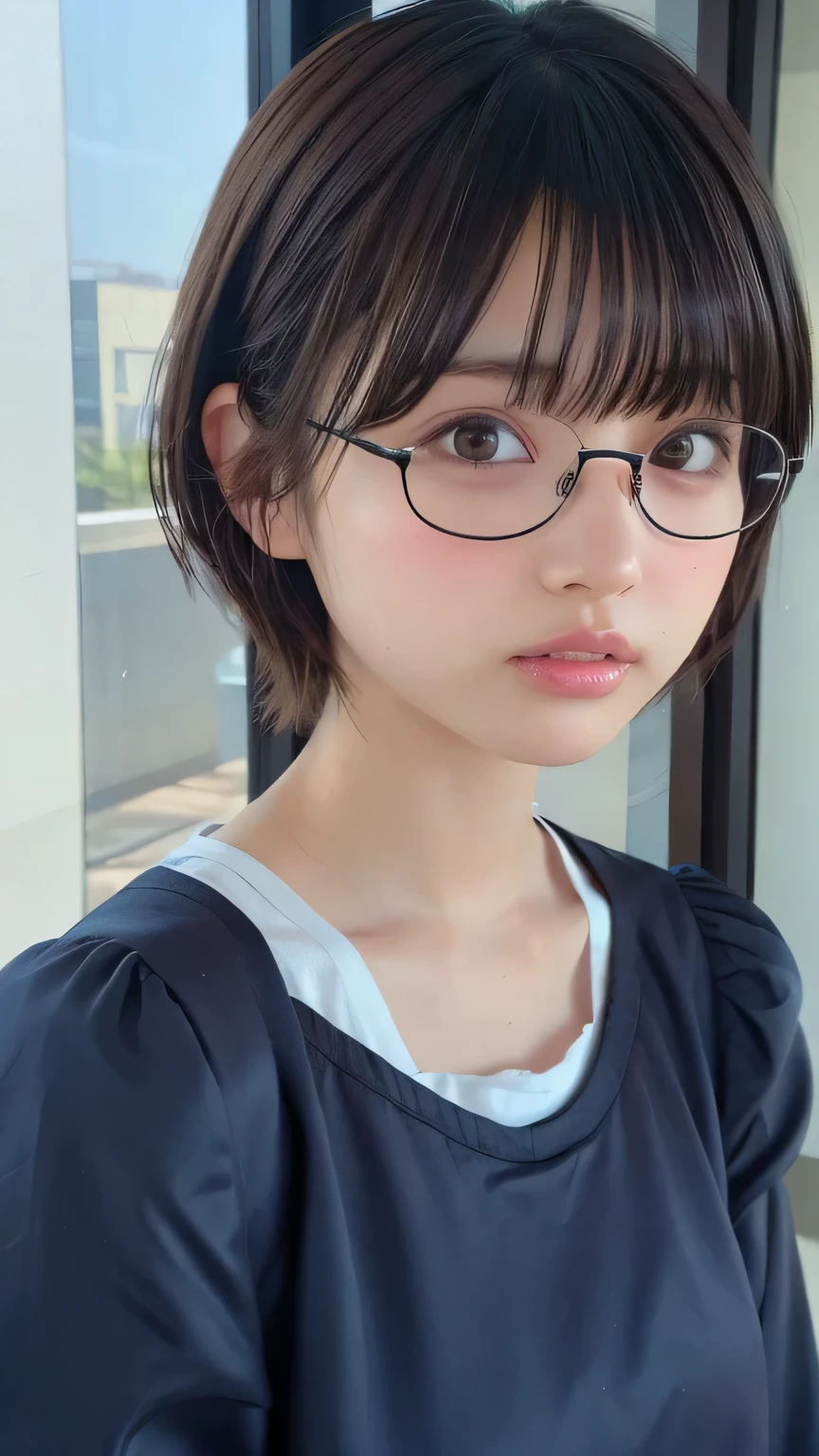 short bob、brown hair、 short wavy hair ,、glasses、Forehead show