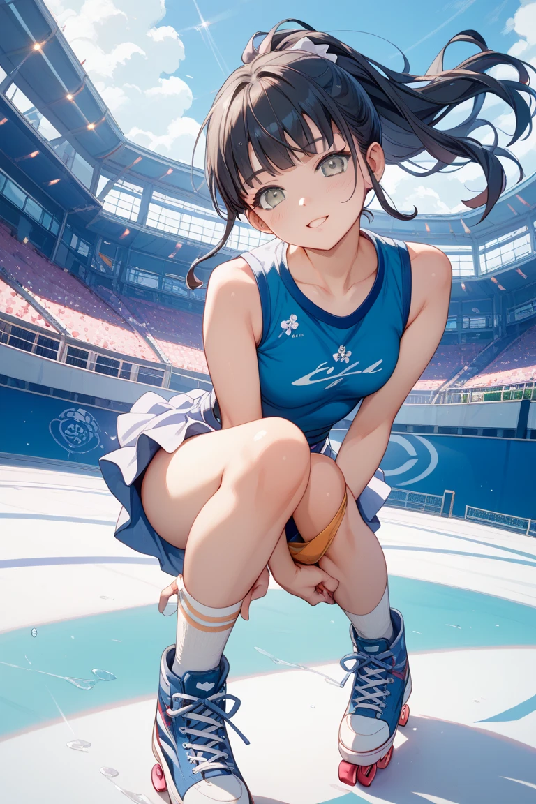 miku hatsune,Haikyuu,Beautiful breasts,1 Lady Solo, /(Volleyball uniform/), (masterpiece best quality:1.2) Ultra-detailed and delicate illustrations, (Indoor Volleyball Court/),Jump high,spikes,A smile