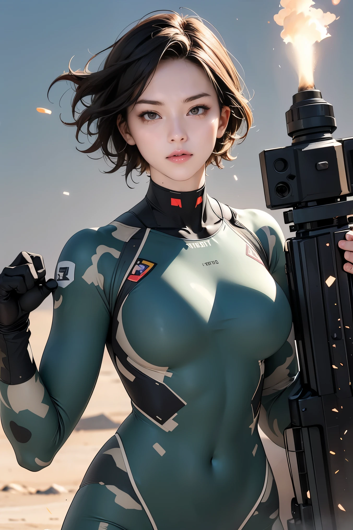 Browsing Caution, Anime screenshots, 16K, A body with perfect anatomical proportions, Perfect hands, action, Dynamic composition with a sense of speed and movement, (Hold an assault rifle:1.6), cute young girl, Perfectly beautiful, delicate and sexy face, Perfect and beautiful delicate eyes, Brown Hair, Short Wavy Hair, huge , Abdominal muscles, Camouflage colored heavy armor steam engine full armor power suit, Many heavily armored robot soldiers engaged in a gunfight in the background., flying bullets, Desert battlefield, war, explosive flame, Post-apocalyptic,
