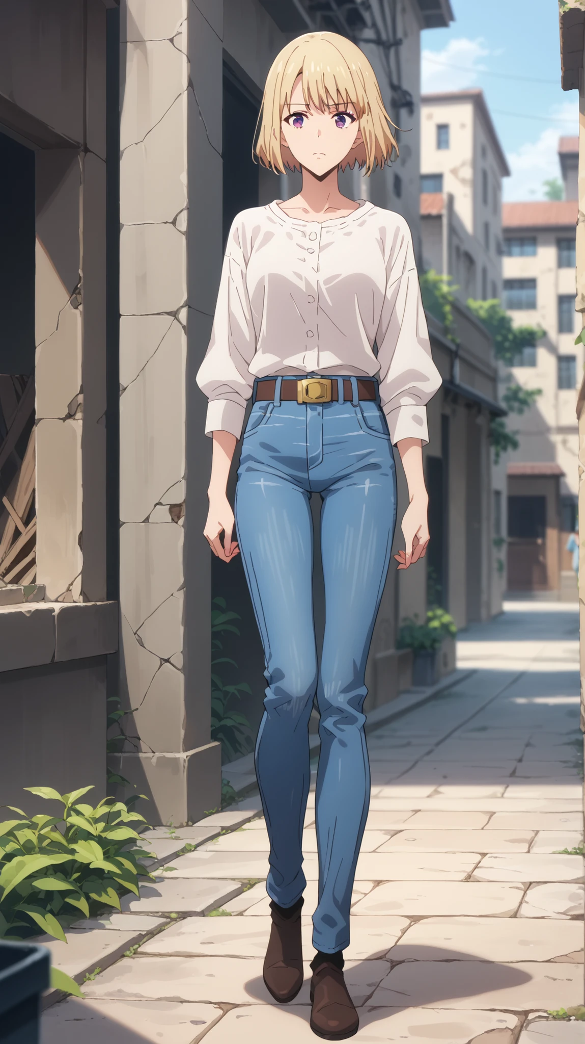 score_9, score_8_up, score_7_up, source_anime, No posts, BREAK
1girl, solo, blurry background, Ruins, standing, arm-crossed, look at people watching,
villages with, white blouse, long sleeve, belt, denim , brown footwear,
short hair, Gold, purple eyes,
Drop Kousaka (na 本当に レベル up),