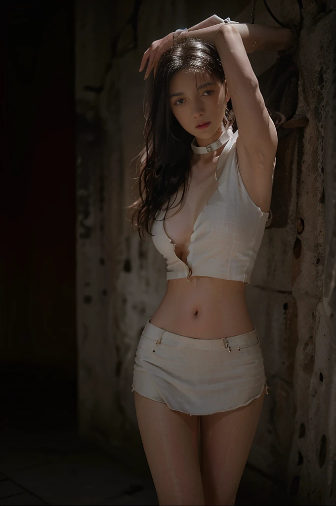 ((Sexy Girl:1.3)) ((Down:)) ((Sweat:1.3)) ,((Wearing a smart unbuttoned white shirt、denim short tight miniskirt:1.25)) ，（Thin legs、Sexy high heels：1.5），((highest quality,masterpiece,Ultra-high resolution)),(real:1.4),Original photo,(Real skin texture:1.3),(Film Grain:1.3),panorama,Portraiture,Very wide-angle lens,Willow Yao,Cowboy photograph,(In the Dark, Deep Shadow, low posture, Cold Light,) ,Dust,Tyndall effect,(Express),,Beautiful and detailed eyes and face,Brown eyes, ((Full Body Shot：1.3)) ((close:)) ((Flat stomach)) ((Split)) ((photograph:1.2)) ((Huge breasts、huge breasts cleavage)) ((High heels:1.3)) ((Wet:1.2)) ((Being locked:1.2)) ((collar、Lock:1.2)) ((Are standing))、Bound with black shackles over the head, His hands are bound with black shackles、Hanging from the ceiling by both hands