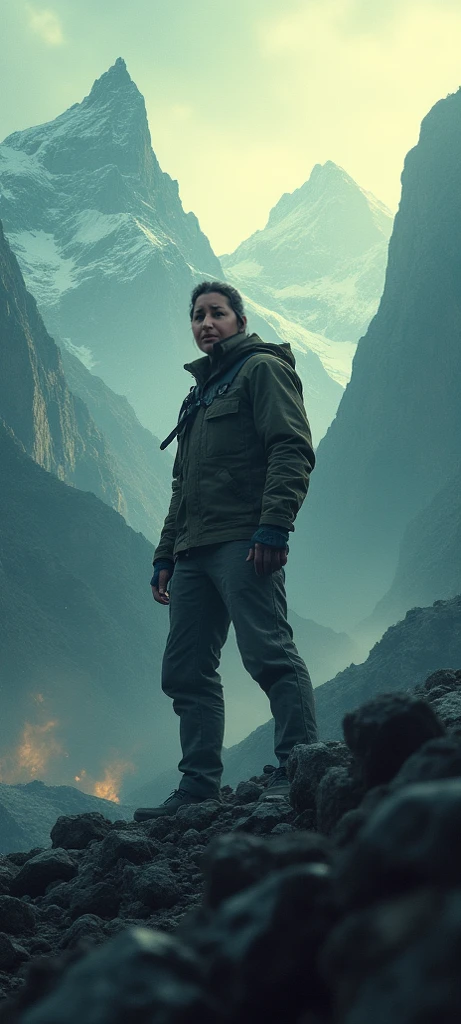 sdn female officer wearing red and black starfleet uniform, stranded on an alien rock with dead plant life