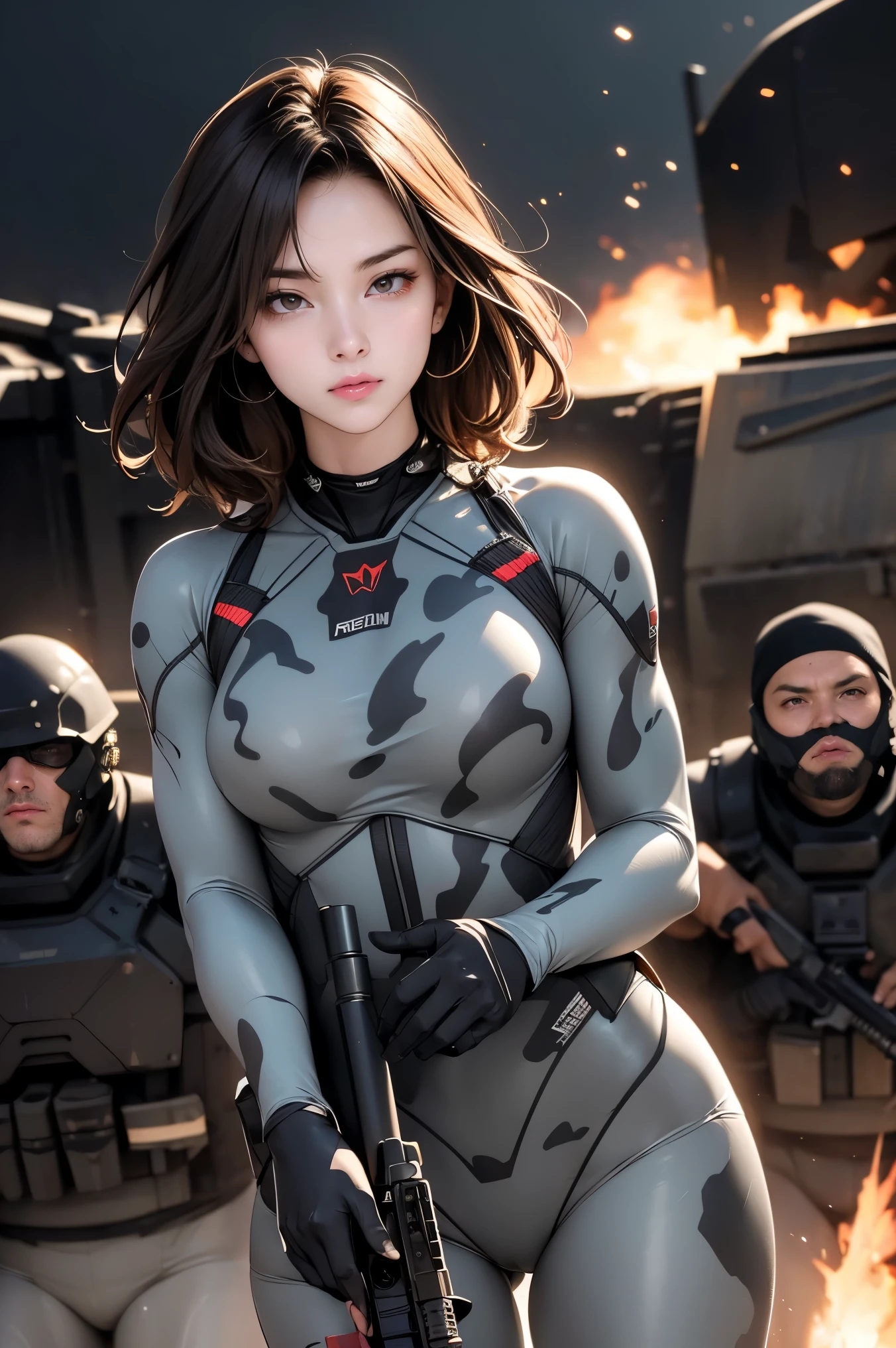 Browsing Caution, Anime screenshots, 16K, A body with perfect anatomical proportions, Perfect hands, action, Dynamic composition with a sense of speed and movement, (Hold an assault rifle:1.6), cute young girl, Perfectly beautiful, delicate and sexy face, Perfect and beautiful delicate eyes, Brown Hair, Short Wavy Hair, huge , Abdominal muscles, Camouflage colored heavy armor steam engine full armor power suit, Many heavily armored robot soldiers engaged in a gunfight in the background., flying bullets, Desert battlefield, war, explosive flame, Post-apocalyptic,