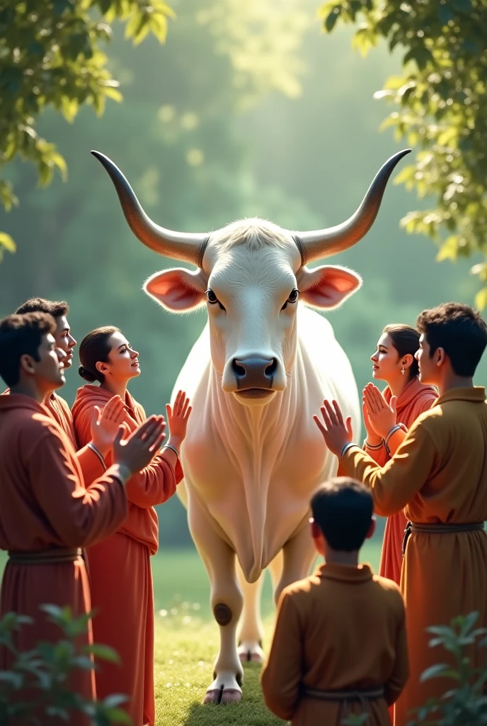 Nepali people worshiping cow in the bright and sunny forest