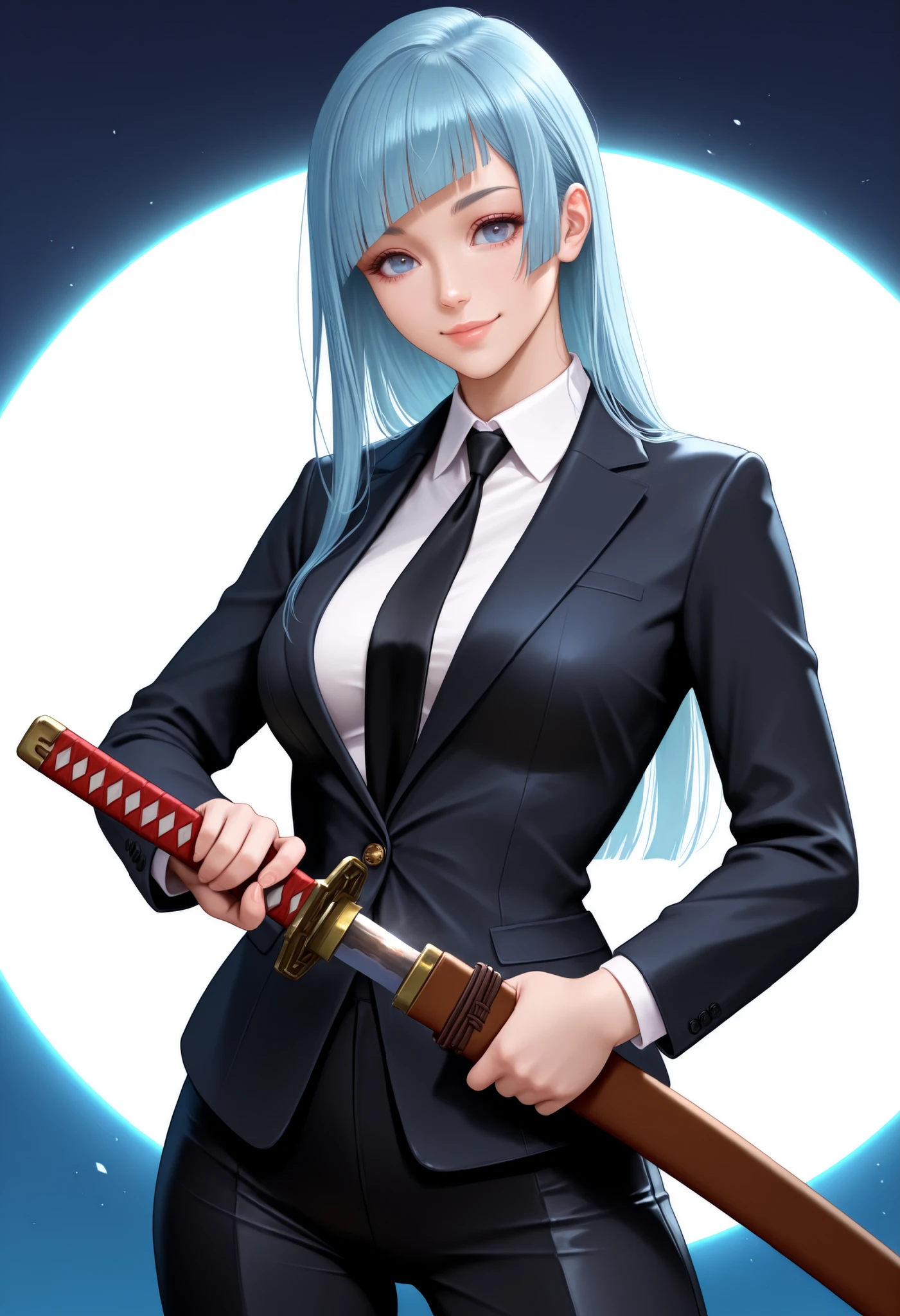 masterpiece, best quality, newest, realistic, solo, 1girl, m1wa, smile, looking at viewer, holding sheath, sheathed, katana, unsheathing, long hair, blue hair, straight hair, blunt bangs, diagonal bangs, blue eyes, black suit, black jacket, suit jacket, long sleeves, white shirt, collared shirt, black necktie, black pants, spotlight