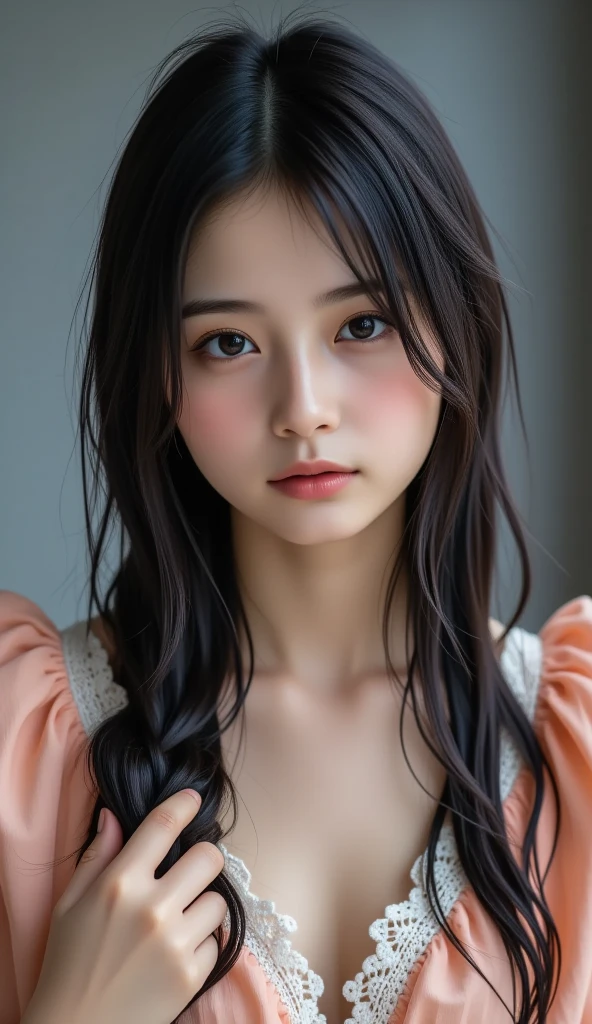 (1 nogizaka girl,raw photo,photo realistic:1.5),(best quality, high quality,HDR, highest quality,ultra high resolution,high resolution,high res,ultra high difinition,huge file size,8K,2K wallpaper,8K wallpaper,high quality texture,amazing,an extremely delicate:1.4),one girl, Japanese famous idol,beautiful face,small face,absurd,ridiculous,incredibly ridiculous,portrait,breasts close up,blurry background,(kimono,cleavage,no makeup:1.2),medium skin,beautiful skin,detailed skin,small head,black hair,silky hair,(Japanese eyes,almond eyes:1.5),detailed eyes,black eyes,Japanese idol eyes,Japanese nose,5-fingers,(eyebrow:-0.5),(Light Particles, Lens Flare, Luminous Particles: 0.7),looking at viewer,bright lighting,professional lighting,girl