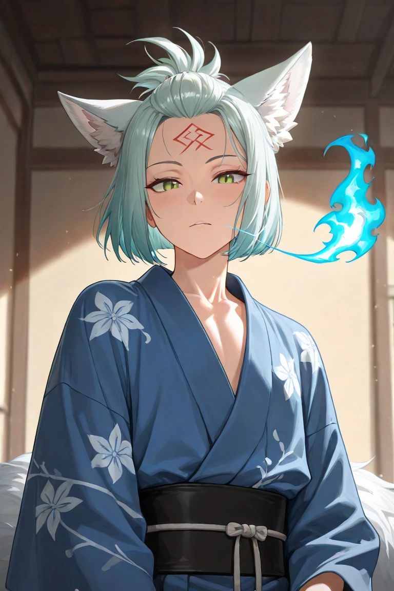 (Tiger Girl)),((,Fantasy,Blue-green kimono,Flat Chest)),((Exposed to the chest))anime, alone,Women's furry mini cute style,humanoid cheetah,No light,