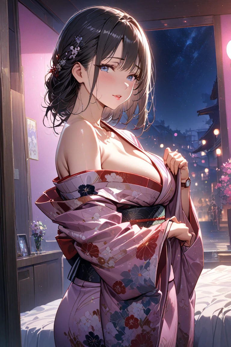 (masterpiece, best quality:1.2), (1girl, solo), 20years old, upper body, (kimono, undressing, (big breast, cleavage) ,(underwear, panties)), (brown hair, brown eyes), (white demon horns:1.2), (gleaming skin, sweat:1.1), smile, Japanese ancient capital, night sky