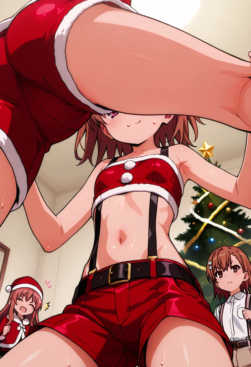 ((Best Quality, Masterpiece)),(( red hair and eyes, Short Hair Hair)),((Red chest with eyes), ((Die-cut sticker)),(Average Breasts:1.3),::5],((Santa Claus Dress)),(solid outline:1.2), chibi, a 1girl, raiden shogun \(Genshin Impact\), maiden, Black maid uniform, twintails, ((Girl crying , Tears, Embarrassed, blusher):1.1),(((naked ass))), (Genitals) ,((in the crowd)), ((The viewer between the legs)), (upshirt), (In the jump), ((santa claus skirt)), exhibitionism