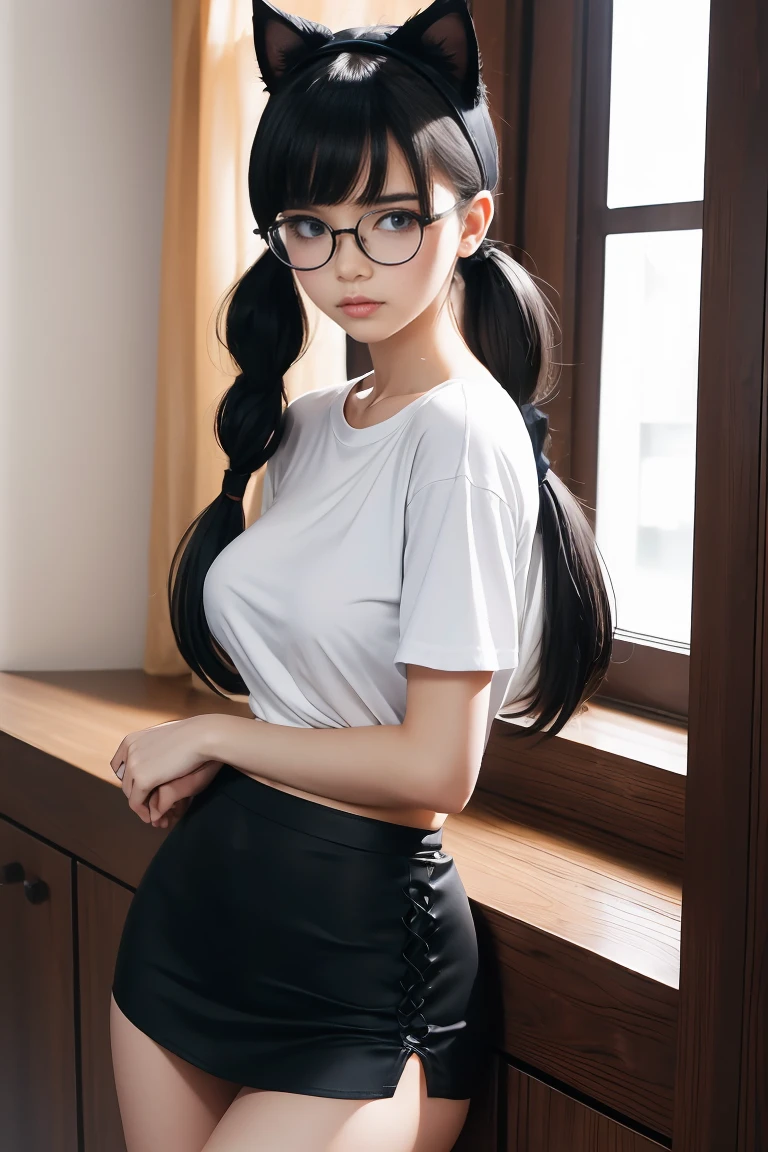 masterpiece,glasses, busty, school, Best quality at best, high qulity, OLGA_mary, black hair, twintail hair, hair between eye, (nude), Very long hair.