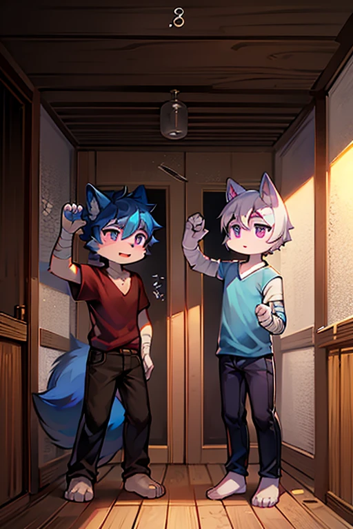 (Meisterwerk: 1,3), (2D: 1,0), (Anime: 1,0), (Illustration: 1,0). scene of an 18 year old male wolf holding another 18 year old male wolf from behind, bending over, bend over, bent over, standing, standing behind, from behind, humping butt, penetrating butt, making love, penetration, grab hips from behind, head on shoulder from behind, uploaded to e621, erect, erection, big genitalia, 18 years old, red eyes, sweaty, tank top, no shorts, no pants, naked, (masterpiece:1.2),(anatomically correct:1.1), high quality:1.3, 2 arms, 2 legs, 1 tail, open mouth, closed eyes, looking up, blushing, cum, cum out, erotic, butt, plump butt, night, lights out, shadows, dark, dim light, locker room with benches and windows and a door and a large curtain, ceiling fan, bench, lotion, tissues, clothes on floor, clothing rack, towels, hanging lights, plants, dust particles, hot atmosphere, sportsbag, floor tiles, low saturation, simple color palette, blue accents, blue posters