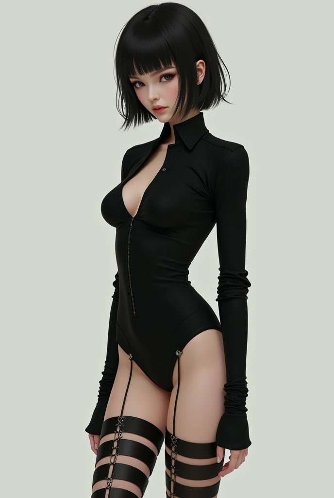 absurdres, 8k, 4k, masterpiece, hyper extreme detailed:1.2), best quality, expressive eyes, highres, perfect eyes, 1girl, perfect face, perfect hands,short Hair, Black hair, large bust, crazy face, crazy eyes, crazy smile, gothic, cross necklace, black catsuit, latex pants, curious, half body, adult, bound, bondage, (arms behind back:1.4), bdsm, tape gag, tape, tape bondage, restrained, tape wrapped, wrap gag, bondage, taped wrists, taped breasts, taped mouth, taped elbows, taped forearms, standing up,