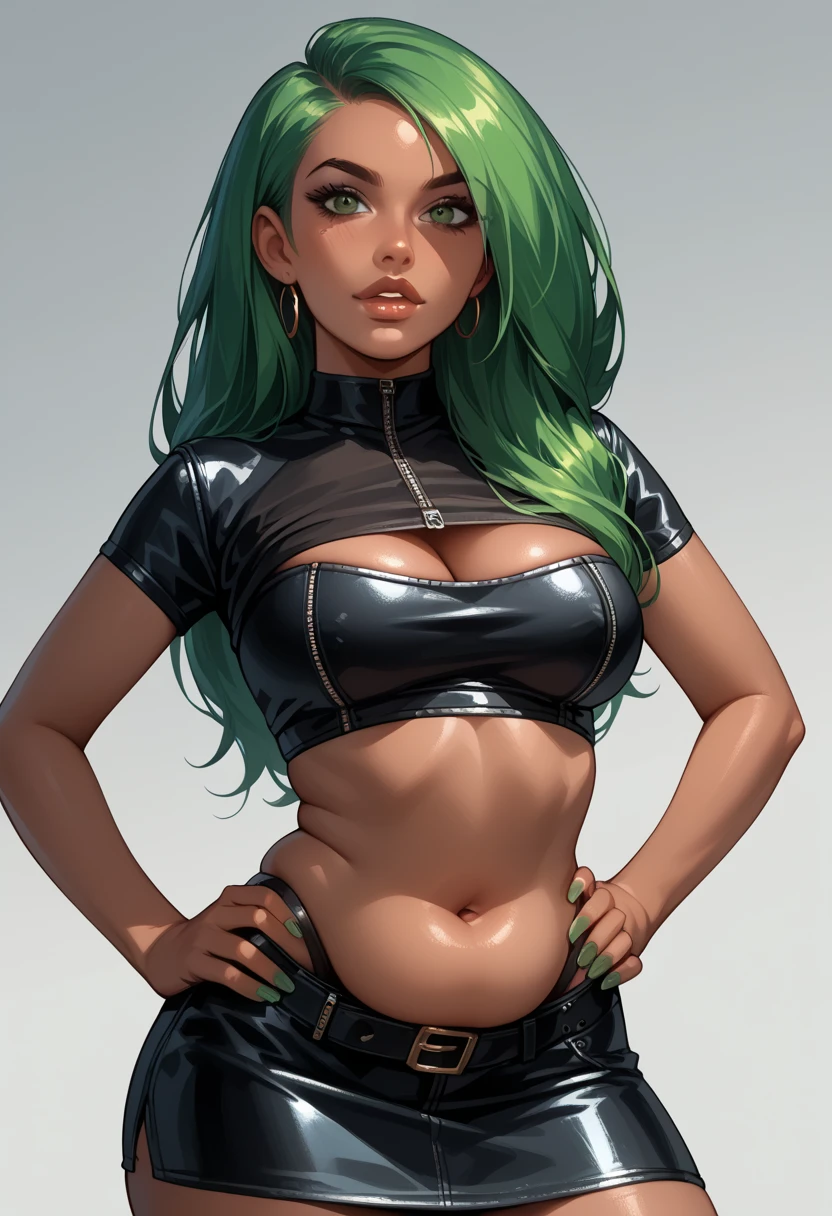 ((best quality, masterpiece, absurdres, super-resolution)) ((front view)), photo of beautiful jpn-gyaru, solo, ((nelliel tu odelschwanck)), bleach universe, hair, skull mask on top of head, perfect eyes, standing in hueco mundo, from far, (lime green hair), (underboob), glossy, arrancar, ripped clothing, beautiful anime eyes with luster reflection, beautiful, (gigantic breasts), slendered abs, hip dips,  dark void on background, official artwork, masterpiece 