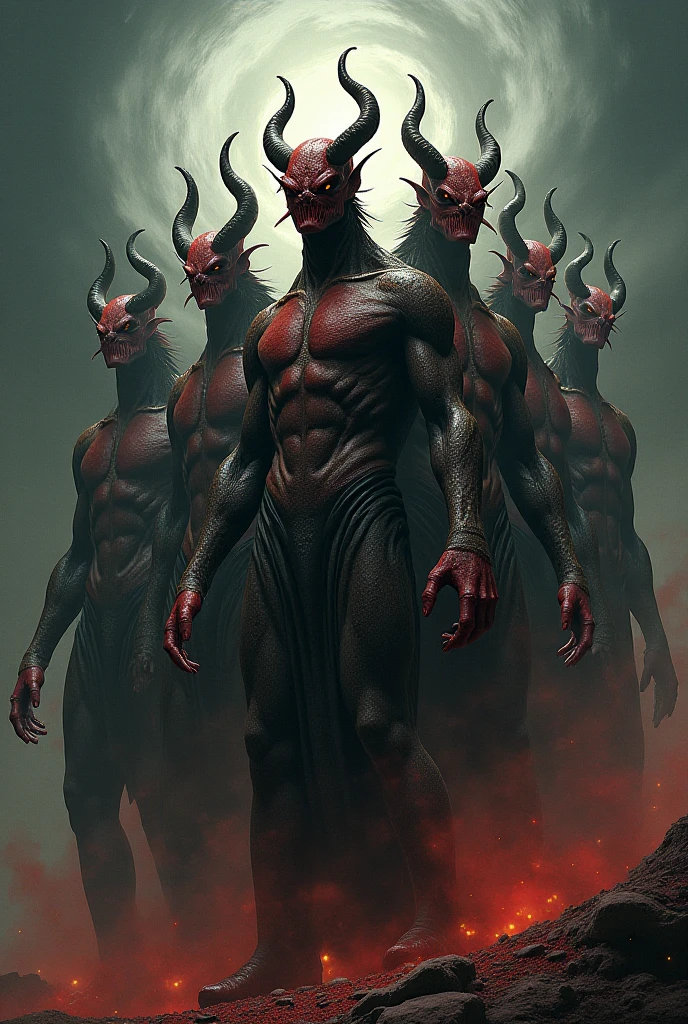 Demons gather around the demon king, Satan. Their eyes are red and terrifying, and they have muscles.  