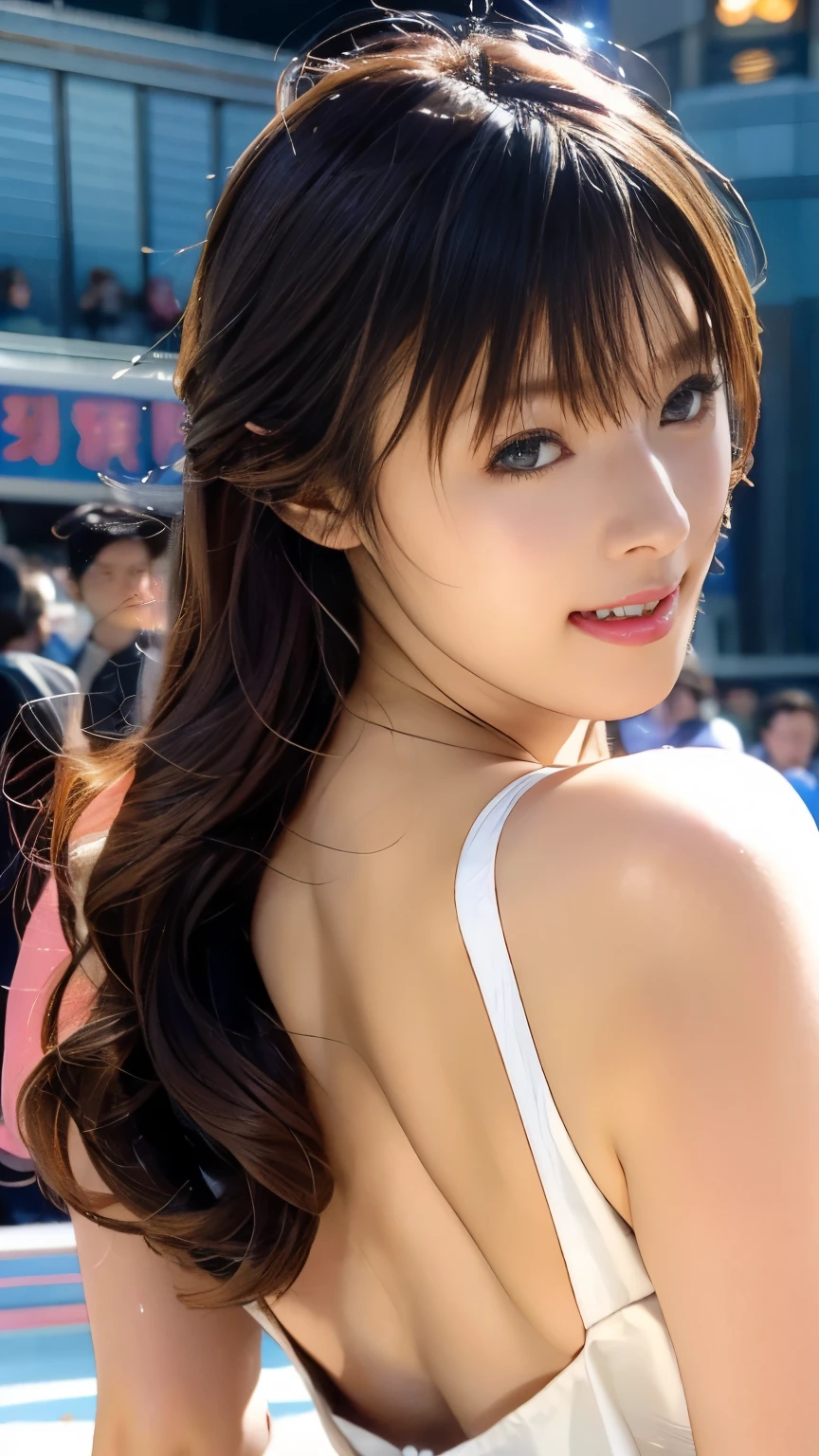 ((8K、RAW photography、top-quality、tmasterpiece)、(hentail realism)、(top-quality)、(Best shadows)、(The best illustrations)、20yr old,soloist、Smart Beauty、The whole picture、Detailed face、perfectly proportions、Raw feet、Highest texture、(with whole body visible:1.2)、Naked female big breast,Goddess with bare breasts、Clear skin、fashion hair、Date her、A smile、 Hair fluttering in the wind、Cool and cute, photore,(NSFW:1.5),