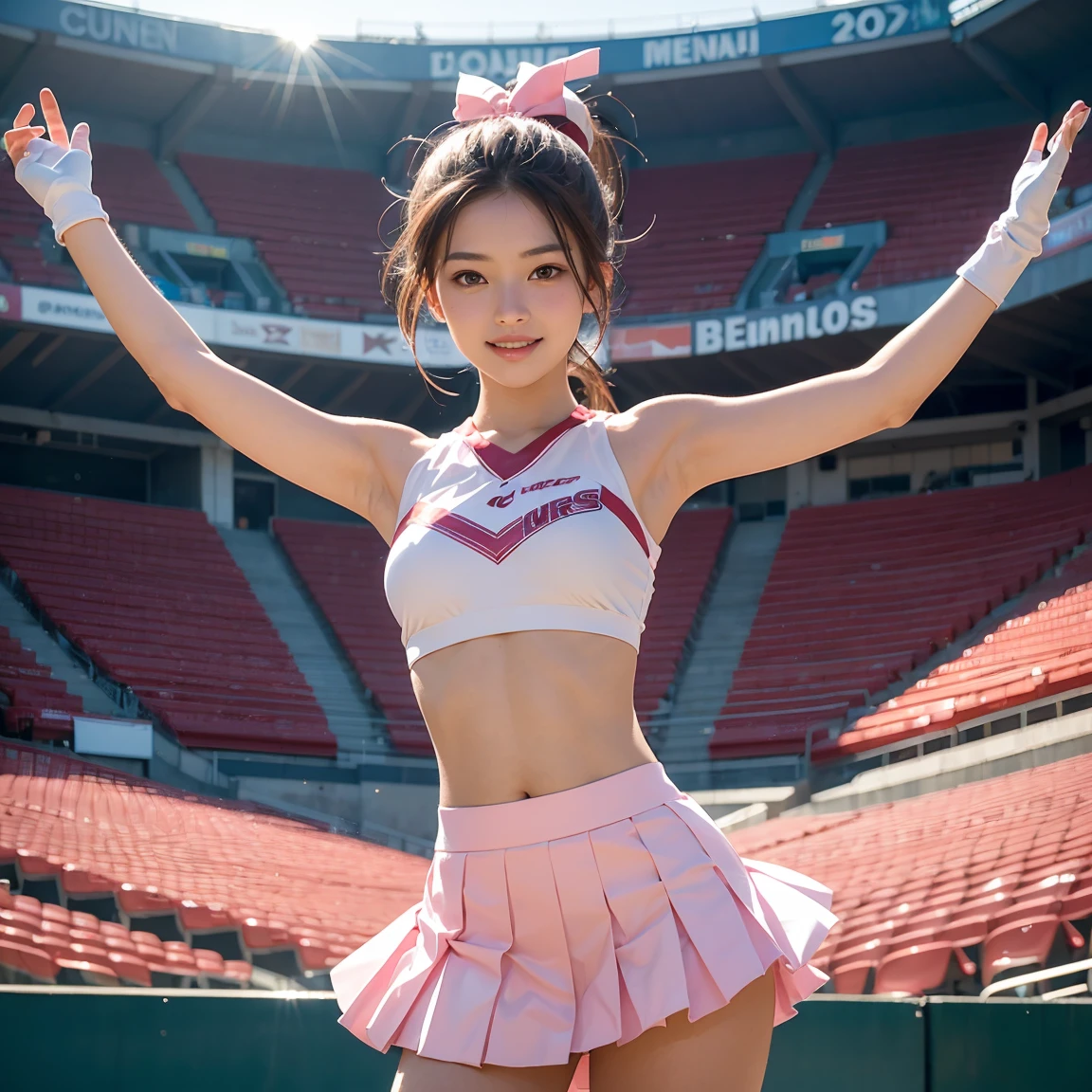 (shot from below:1.2),(1 slim schoolgirl,(Cheerleaders),feminine,flat chest,ponytail_hair,Side_bangs,BREAK,(Cheering in the stands at Koshien baseball Stadium),(dance,With big pom-poms,Opened mouth wide:1.2),(summer sky,sunny day:1.4),(fun,joyful,happy:1.6),BREAK,8k,realistic photo style,Photorealism, photorealistic, hyperrealistic,highest picture quality, high res, best quality,cinematic, intricate details,Ultra Fine details, real light and shadow,tack sharp,shot from movie, professional color grading,sharp focus, film grain,high dynamic range, allure, highest detailed skin texture