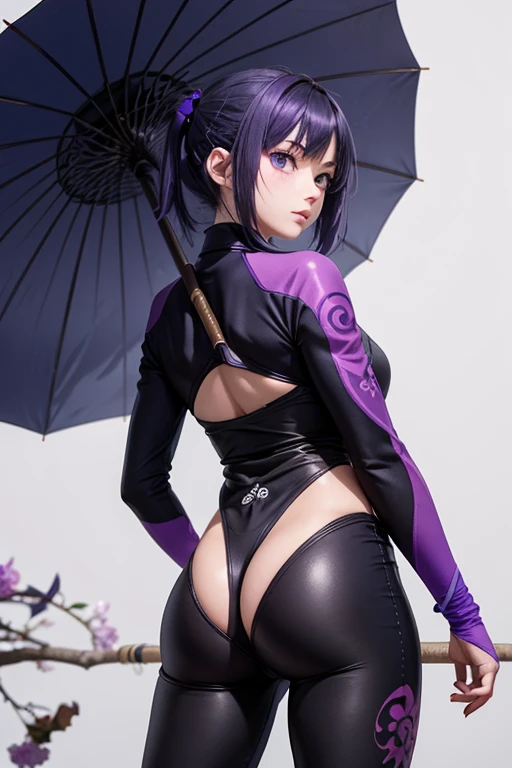 best quality, masterpiece, (leaning over:1.4),
1girl, yuzuriha_(jigokuraku), purple hair, brown eyes, ninja, open clothes, cleavage, small breasts, topknot, medium hair, breasts apart, seductive smile, pants, undressing, (blush:1.1), japanese exterior, temple,