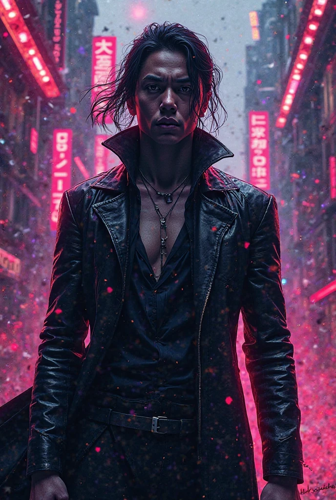 anime:1.5, (Masterpiece, best quality, high resolution, Fondo de pantalla de unidad de 32K, The CG is very detailed.:1), (Weak stage illustration:1.0), ((A handsome young cyberpunk guy.:1.5 Dancing in the Rain:1.7 )),(( Cyberpunk Night City:1.4)), Future car neon sign,Rain in the dark, ((The clothes were wet, and the purple-red neon light perfectly illuminated the young man.:1.45) . 32K