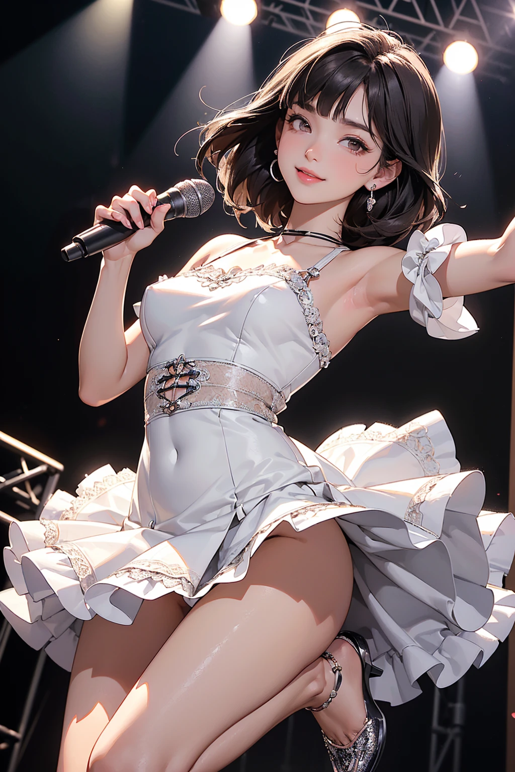 Japan female idol, dainty, 20 years old, black hair, short hair, big eyes, small face, cute, smile, cute, beautiful girl, wolfcut, concert, glitter, skirt, idol style, figure singing with a microphone, lively, fluffy costume, light blue costume, fan service, wink, throwing kiss, similar to Rio Nagao