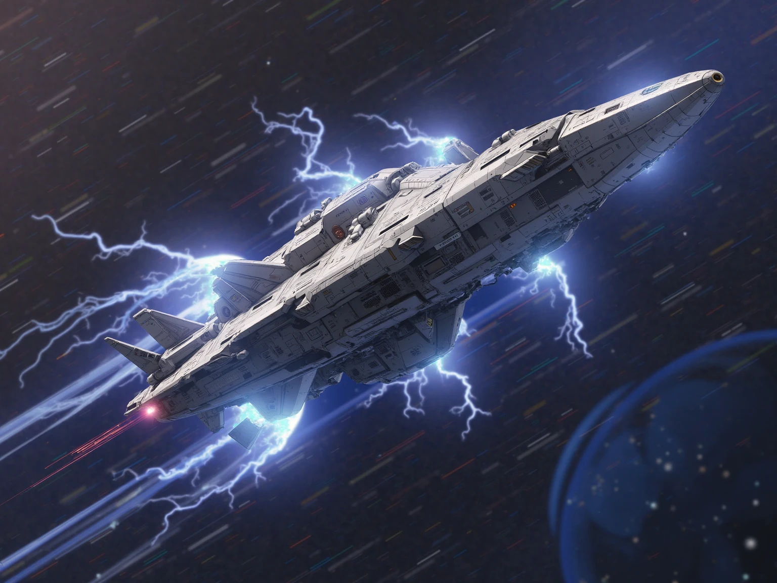 (Unbelievable high resolution, masterpiece, highest quality, extremely detailed, CG, official art), ultra-near-future airplane-type spaceship, spaceship that transcends time and space, ((Motion blur: 2.0, Lightning effect: 1.5, Background blur)), A world where space and time are distorted