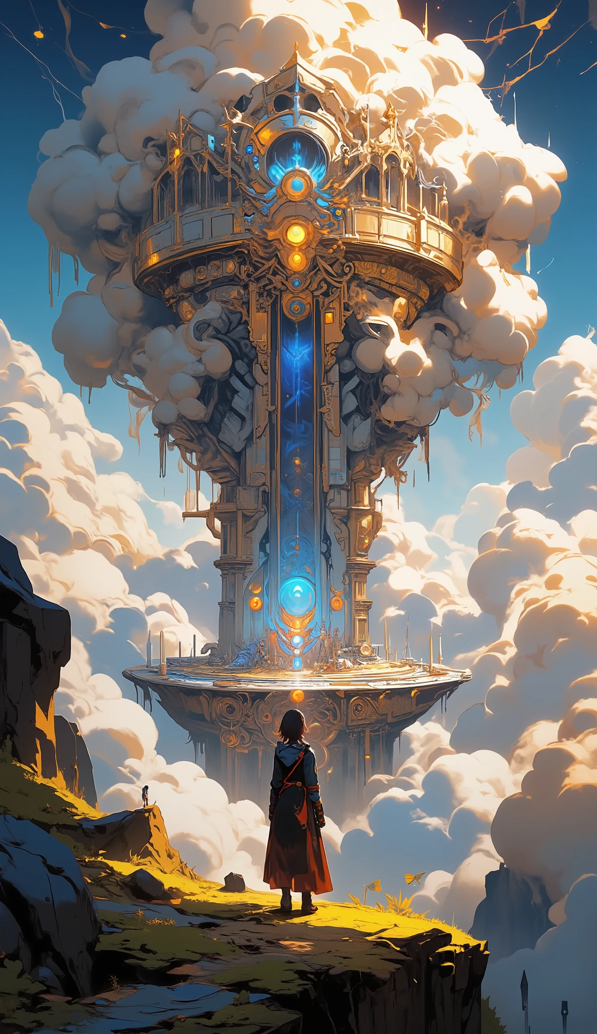 Masterpiece, brush painting, anime art style with realistic style, 4K wallpaper, 3D anime style, brush painting, extreme daletaile anime, artistic portrayal, realistic anime gradient brush painting, anime art style, makoto shinkai style, yellow orange and black color palette, high resolution, with detailed textures, elements, and objects, makoto shinkai inspired, artstation trending.
Ancient civilization, isekai of anime theme, urban landscape of an ancient civilization floating above the clouds, ethereal and voluminous clouds, swirling and cascading in dynamic formations, exhibiting a symphony of textures from wispy cirrus to dense cumulonimbus. The clouds are illuminated with a soft, warm glow, capturing the golden hour's diffused light. These clouds are not merely a backdrop but an integral element of the scene, creating a sense of depth and atmospheric perspective, enhancing the mystical ambiance of the floating city. circular ancient city surrounded by clouds, with clouds encircling an island city. anchient city, anchient texture, Beneath the island in the clouds lies a mountain. The circular island has shiny defense walls at its edges. In the center stands a towering skyscraper. The sky is bright blue, and the clouds are beautifully rendered with subtle gradients of pearlescent white, transitioning into soft, smoky grays and hints of warm ochre where the light catches their edges, painted with meticulous artistry to evoke a sense of weightlessness and wonder.
1girl, A slim body girl adventurer relax pose observing the ancient city above the clouds. girl are wearing an intricately designed cloak adorned with tattoos ornaments, and fantasy elements. boots and gloves feature engraved buckles, this girl backing towards, outfit backing towards on a hill, gazing at the cityscape.
Center point of Image View, The perspective of the image is captured from a high angle bird’s-eye view, composed thoughtfully using photographic techniques such as the rule of thirds