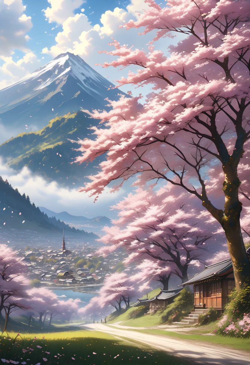 asterpiece, highest quality, high resolution, 8k,(realistic, photorealistic: 1.3),cherry blossoms ,as far as I can see mountains and villages, Blurred clouds ,let's rise, cherry blossoms 花ざかり ,cherry blossoms, Yayoi's sky is as long as I can see,Blurred clouds 匂いぞ出ずる いざや いざや 見にゆかん