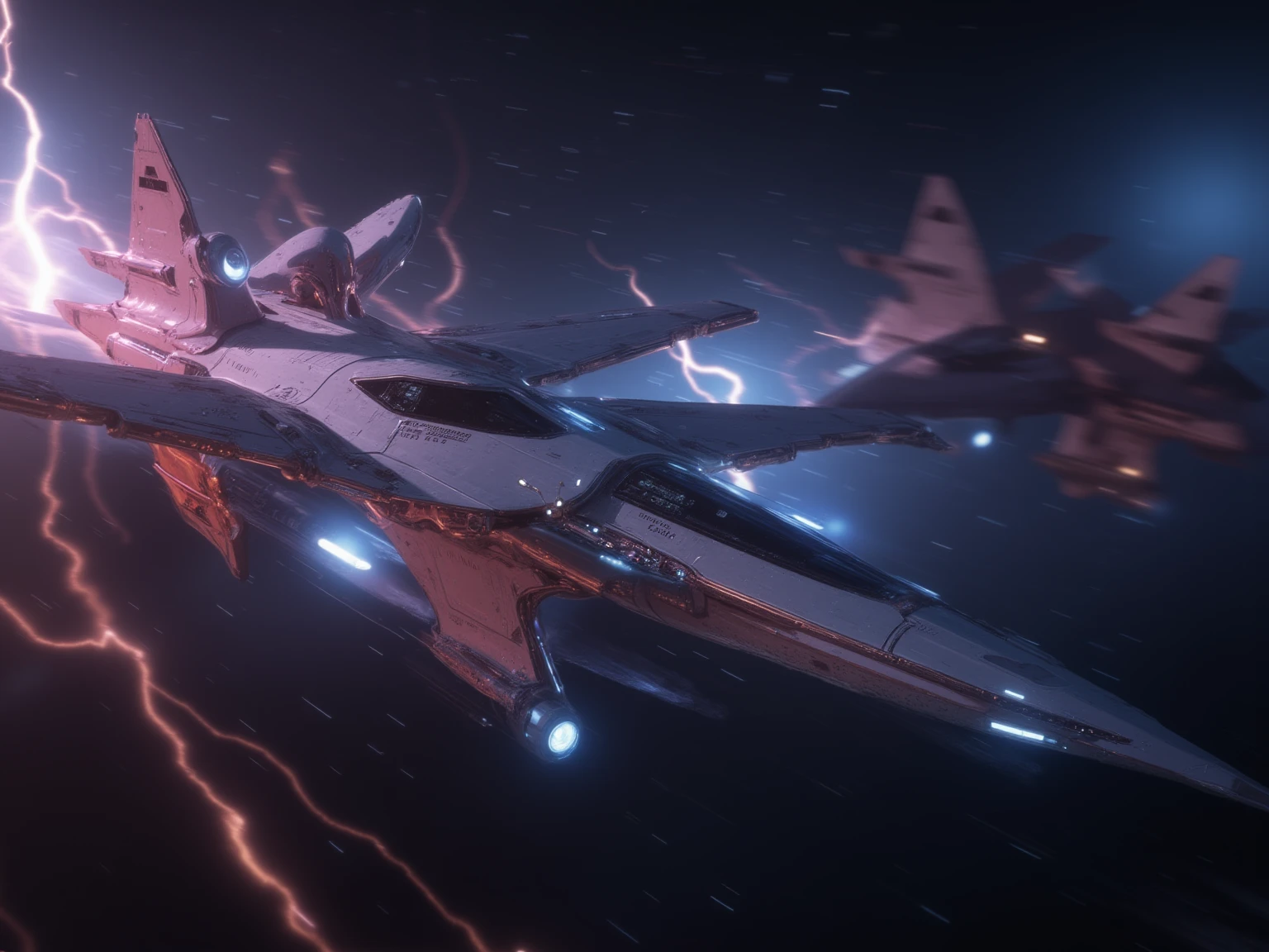 (Unbelievable high resolution, masterpiece, highest quality, extremely detailed, CG, official art), ultra-near-future airplane-type spaceship, spaceship that transcends time and space, ((Motion blur: 2.0, Lightning effect: 1.5, Background blur)), A world where space and time are distorted