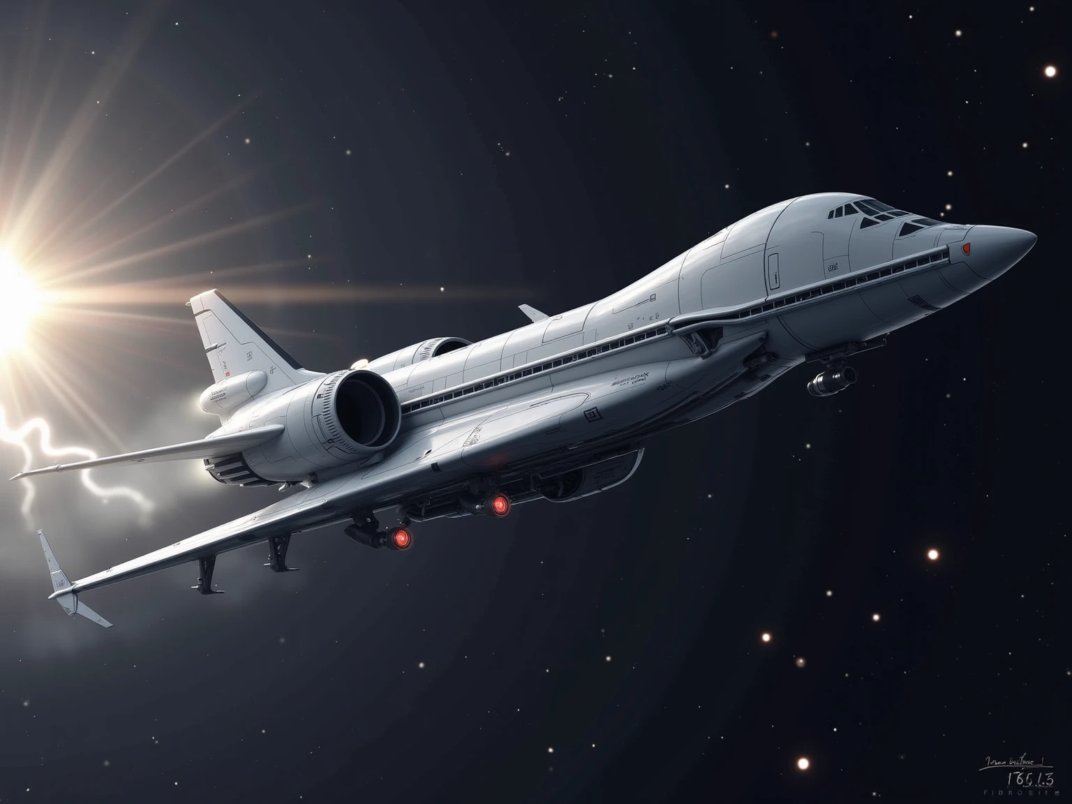 (Unbelievable high resolution, masterpiece, highest quality, extremely detailed, CG, official art), ultra-near-future airplane-type spaceship, spaceship that transcends time and space, ((Motion blur: 2.0, Lightning effect: 1.5, Background blur)), A world where space and time are distorted