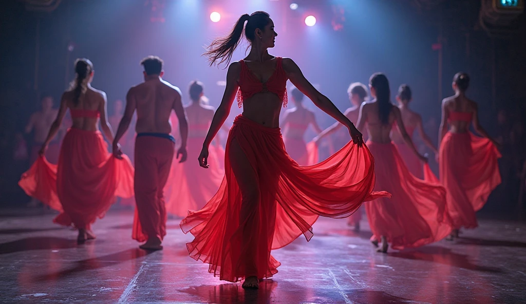 Lonely dancer but surrounded by people.
Opposite colors. Disconnection.