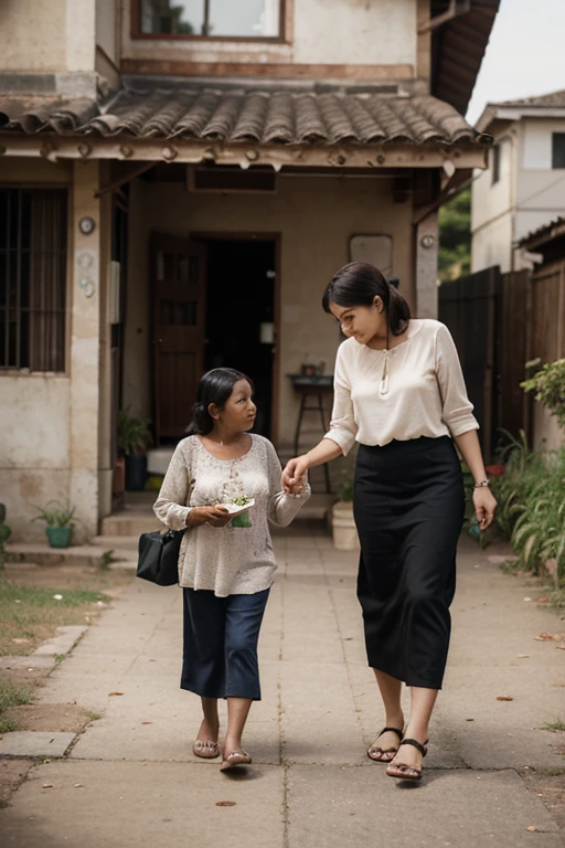 A kind woman offering a glass of milk to the tired boy at the doorstep