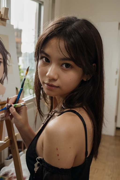 Publicity photo, painting naked, a nude Japanese idol girl, smile, at the art class