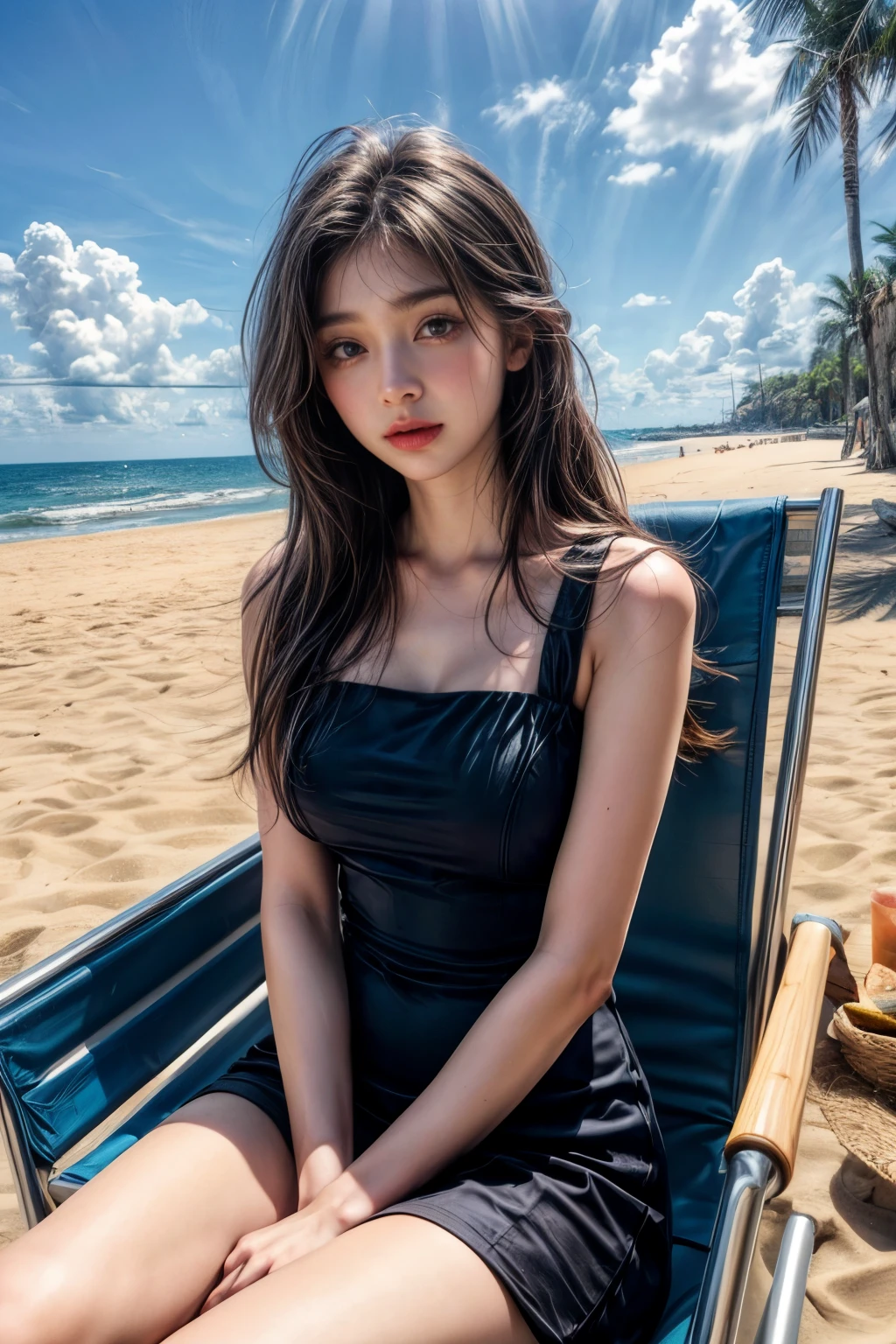 Top-quality Realistic,Official art,Highly detailed CG Unity 8k wallpaper,ultra-detailliert,hight resolution,Physically-based rendering,Magnificat,finely detail,masterpiece,Best Quality,ultra detailed,Mature beauty,Beautiful women,1girl,moist lips,sexy lips,Sexy smile,Gentle smile, 20 years old, Beautiful bare skin,Smooth bare skin, big well-shaped breasts, beautiful cleavage,beautiful Mature body,swept bangs,(medium hair:1.3), beautiful detailed eyes,model shoot style,Japanese Idol,full-body, ((along the shore of the beautiful Adriatic Sea)),BREAK,(Black Mesh Camisole Dress with lace knitting:1.3),((showcasing intricate masterpiece craftsmanship)),((lying a beach chair:1.3)),((spread legs)),Delicately expressed eyes,cute smile,A gentle smile like a goddess,shoot from below,low angel