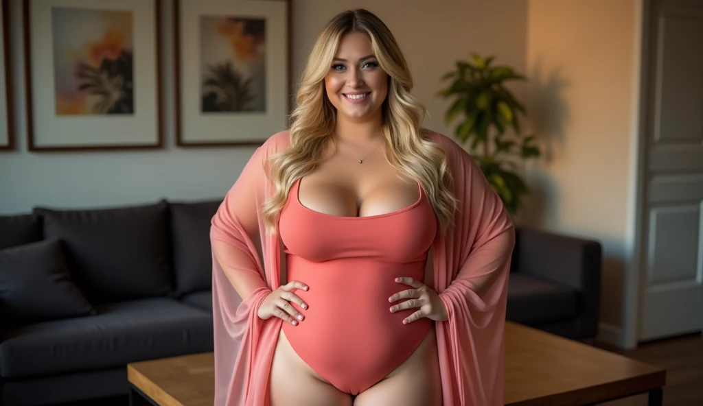 RAW. Masterpiece, 8K, high quality, very detailed, a beautiful Asian girl, curly blonde hair, cracked lips, chubby cheeks, curvy body, curvy arms, , big hips, smooth plump thighs, sitting on the bed in a challenging position, full body view, beautiful, young and passionate, bedroom background, blue lighting, UHD