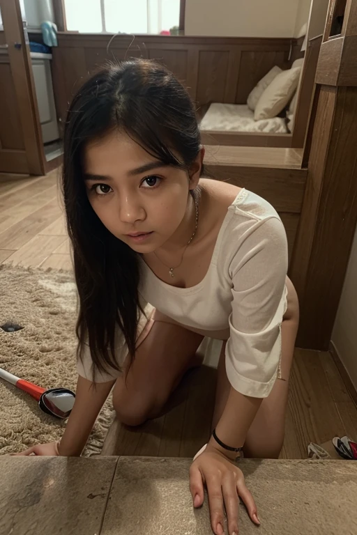 8k RAW Photo, full body photograph, sharp, natural lighting, (bare naked, fully nude), 17 years old girl, medium size breast, adorable, beautiful baby face, round face, crawling on all fours, mopping the floor, in a crowded school bathroom, really wet hair, really wet body, a lot of soap foams,